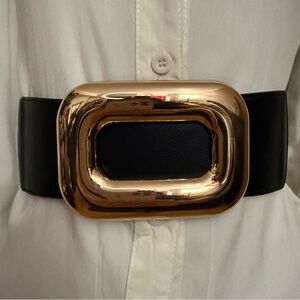 Black PU leather elastic waistband belt with gold tone rectangle buckle